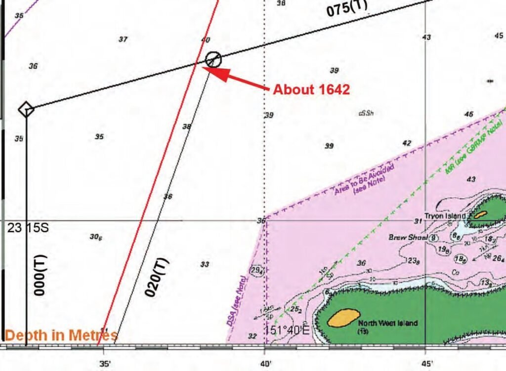 Annotated section of navigational chart Aus 820 showing the original and amended route, and the ship’s grounding position