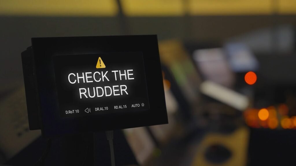 Screen on a control panel showing a rudder warning: “CHECK THE RUDDER” with a yellow warning icon above it.