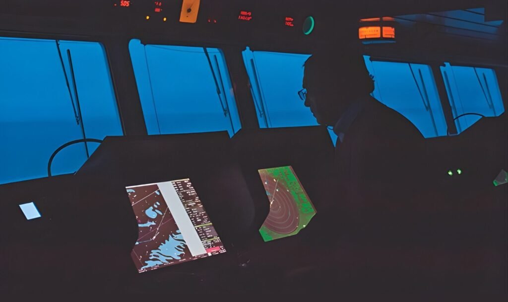 Silhouette of a crew member in a ship cockpit at night, facing navigation screens with blue ocean outside, visible through windows.