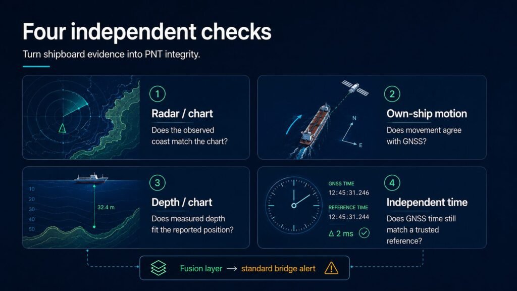 Infographic titled 'Four independent checks' showing four panels: radar/chart, own-ship motion, depth/chart, and independent GNSS time with a fusion layer note at bottom on a dark blue background.