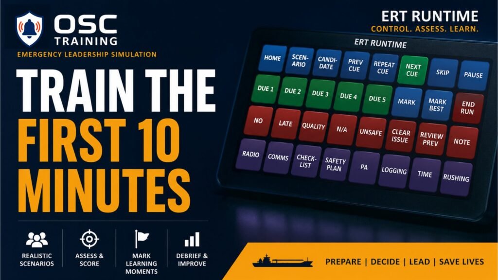 Banner for OSC Training: 'Train the First 10 Minutes' with a colorful keypad on the right and dark blue background, emphasizing emergency leadership simulation.