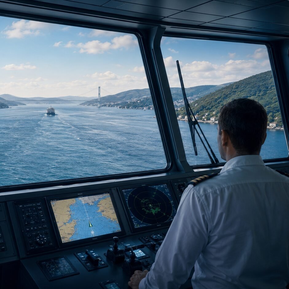 Captain in uniform at the ship's helm, looking out through the bridge windows over a coastal landscape and water. The cockpit panels show maps and radar.
