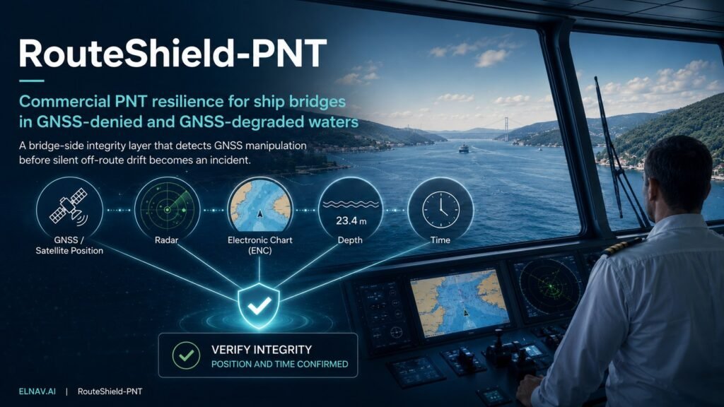Hero banner showing RouteShield-PNT concept for ship bridge GNSS resilience; icons for GNSS position, radar, ENC, depth, and time with a navy cockpit backdrop.