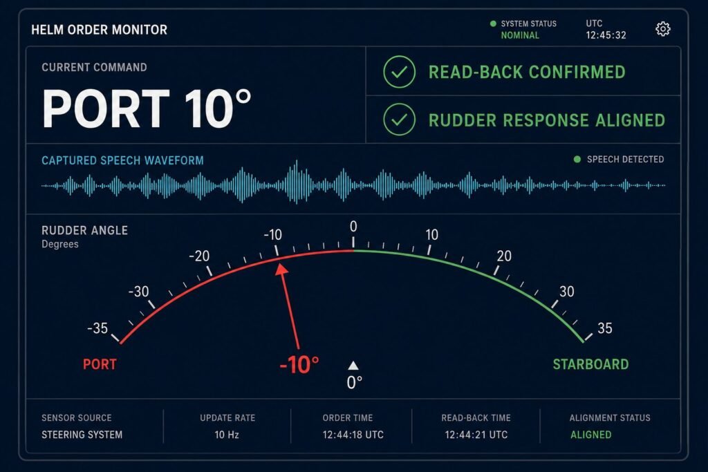 Helm order monitor showing PORT 10°, red marker at -10°, read-back confirmed and rudder aligned.